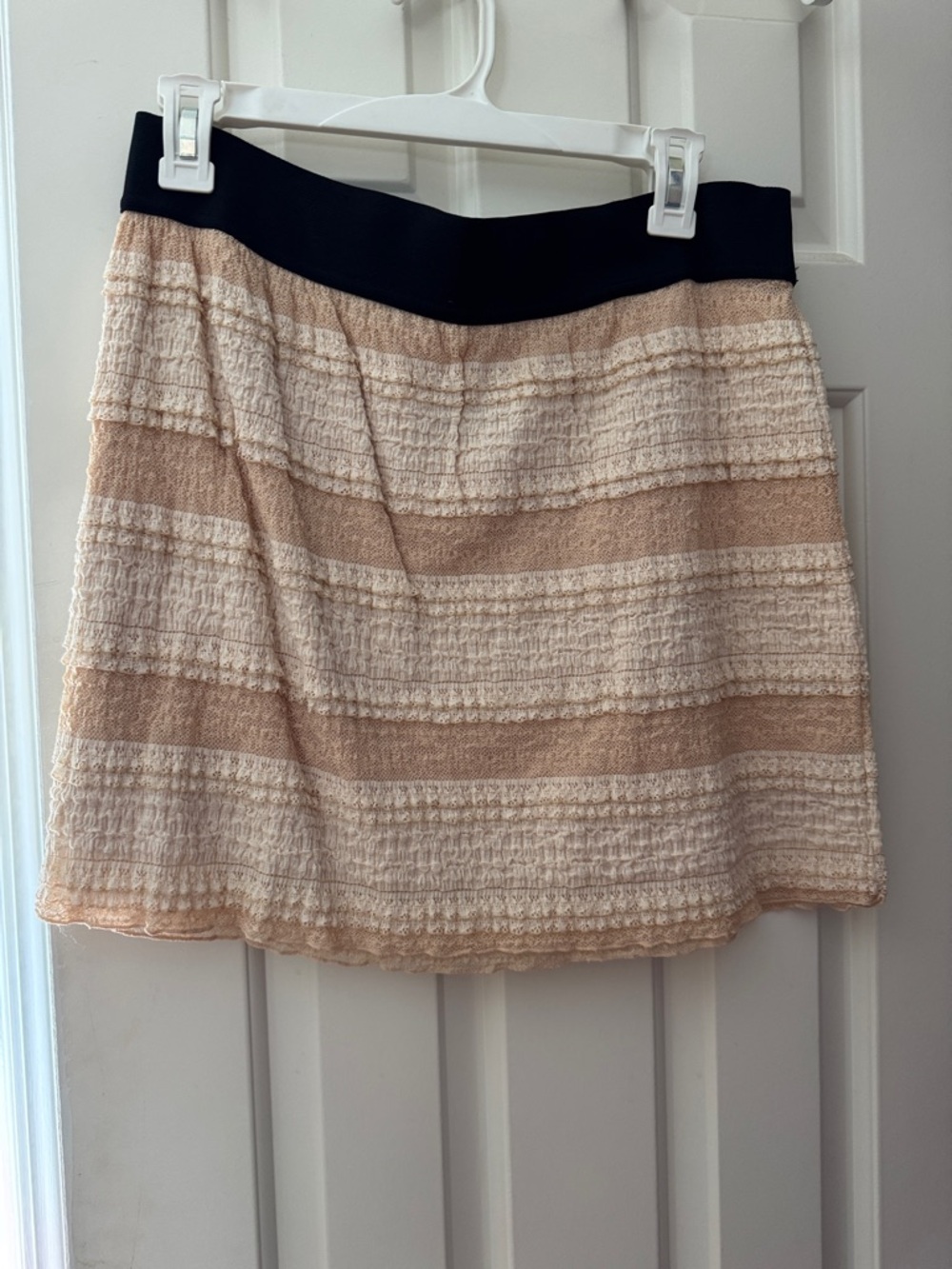 Free People Beige and Cream Striped Mini Skirt with Black Waistband